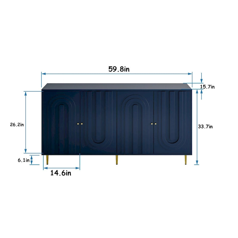 Buffet bahut de rangement d'appoint en bois, laqué gris/bleu, 4 portes, moderne, 152 cm