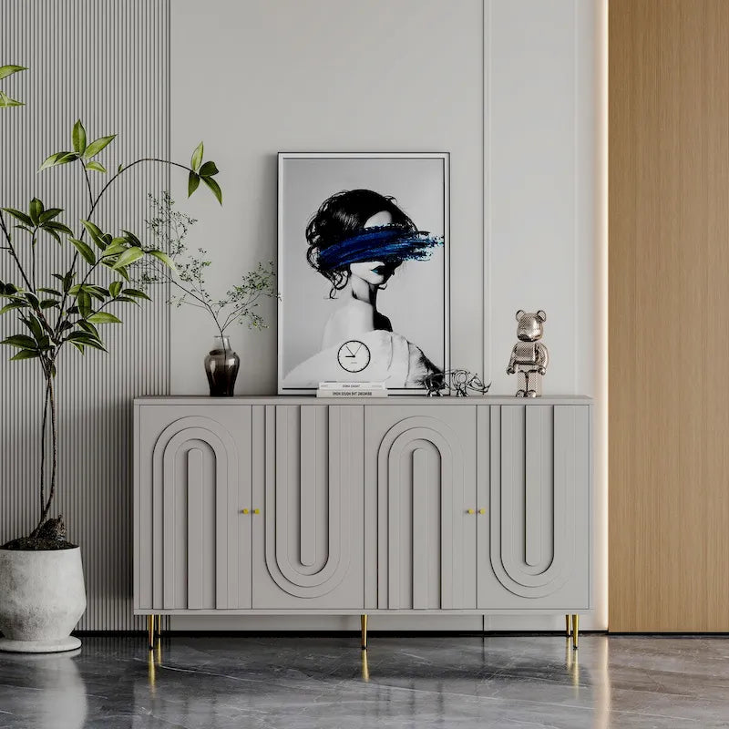 Buffet bahut de rangement d'appoint en bois, laqué gris/bleu, 4 portes, moderne, 152 cm
