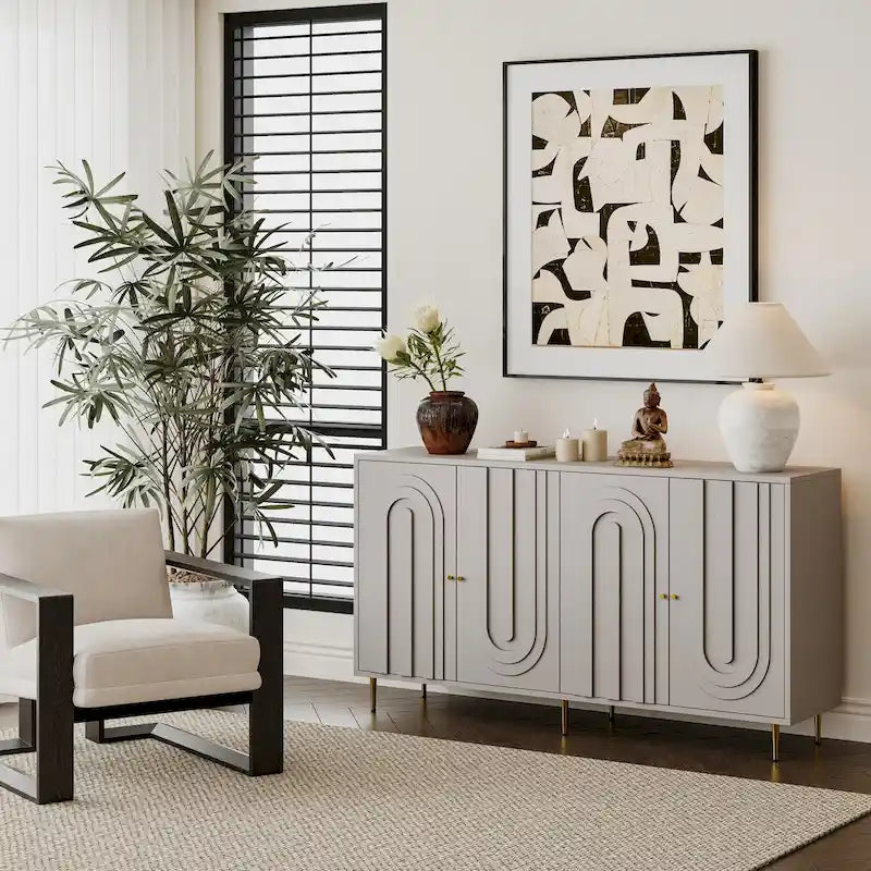 Buffet bahut de rangement d'appoint en bois, laqué gris/bleu, 4 portes, moderne, 152 cm