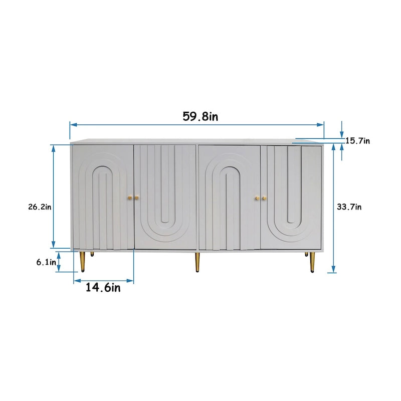 Buffet bahut de rangement d'appoint en bois, laqué gris/bleu, 4 portes, moderne, 152 cm