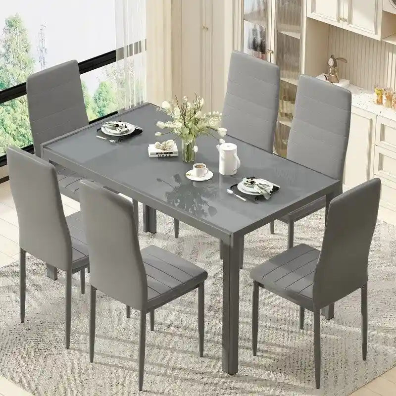 Ensemble de salle à manger 7 pièces de style moderne avec table à plateau en verre trempé et 6 chaises rembourrées en cuir PU