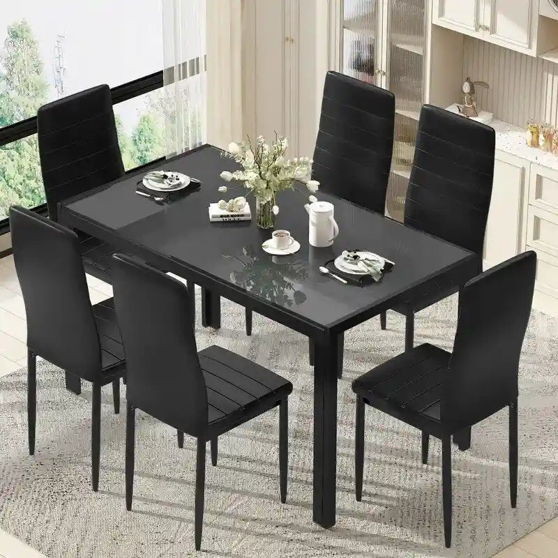 Ensemble de salle à manger 7 pièces de style moderne avec table à plateau en verre trempé et 6 chaises rembourrées en cuir PU