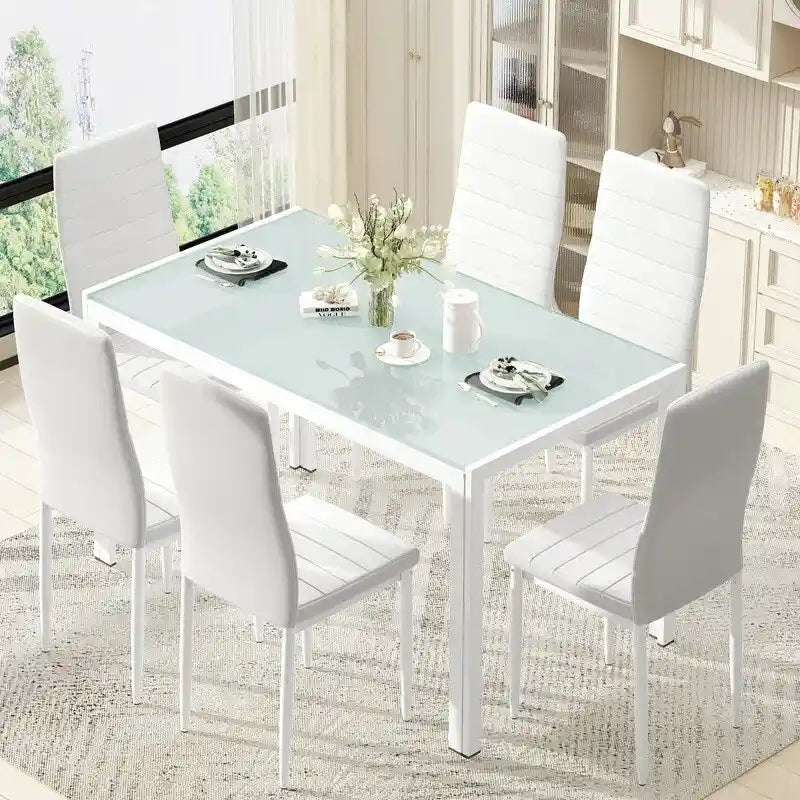 Ensemble de salle à manger 7 pièces de style moderne avec table à plateau en verre trempé et 6 chaises rembourrées en cuir PU