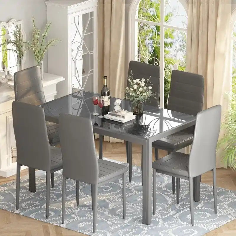 Ensemble de salle à manger 7 pièces de style moderne avec table à plateau en verre trempé et 6 chaises rembourrées en cuir PU