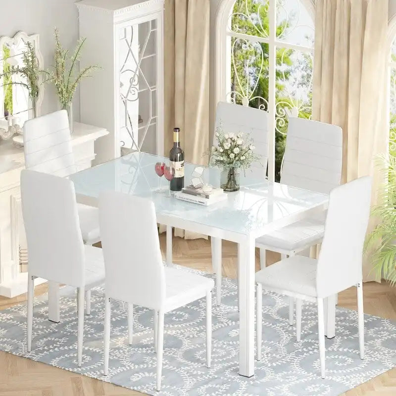 Ensemble de salle à manger 7 pièces de style moderne avec table à plateau en verre trempé et 6 chaises rembourrées en cuir PU