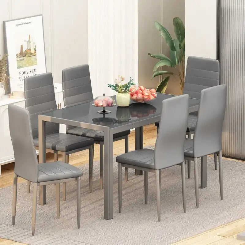 Ensemble de salle à manger 7 pièces de style moderne avec table à plateau en verre trempé et 6 chaises rembourrées en cuir PU