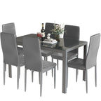 Ensemble de salle à manger 7 pièces de style moderne avec table à plateau en verre trempé et 6 chaises rembourrées en cuir PU