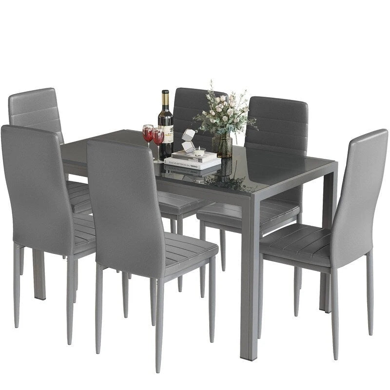 Ensemble de salle à manger 7 pièces de style moderne avec table à plateau en verre trempé et 6 chaises rembourrées en cuir PU