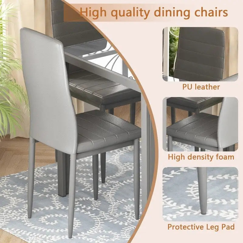 Ensemble de salle à manger 7 pièces de style moderne avec table à plateau en verre trempé et 6 chaises rembourrées en cuir PU