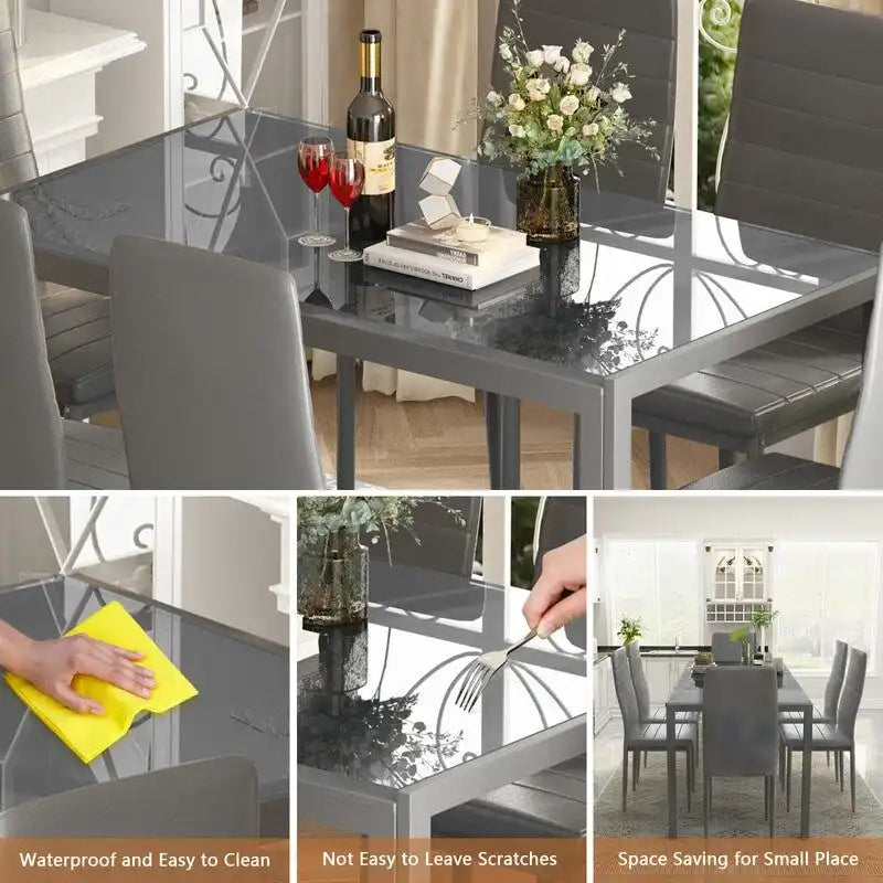 Ensemble de salle à manger 7 pièces de style moderne avec table à plateau en verre trempé et 6 chaises rembourrées en cuir PU