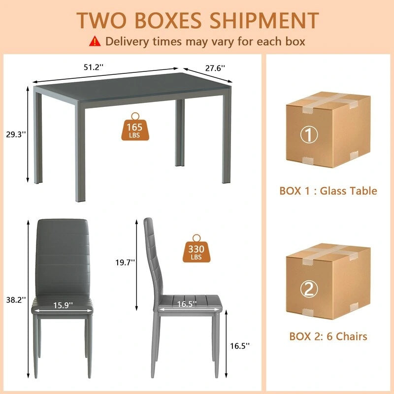 Ensemble de salle à manger 7 pièces de style moderne avec table à plateau en verre trempé et 6 chaises rembourrées en cuir PU