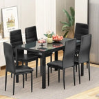 Ensemble de salle à manger 7 pièces de style moderne avec table à plateau en verre trempé et 6 chaises rembourrées en cuir PU