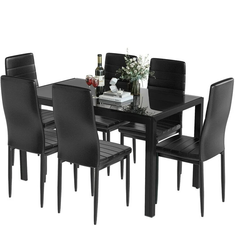 Ensemble de salle à manger 7 pièces de style moderne avec table à plateau en verre trempé et 6 chaises rembourrées en cuir PU