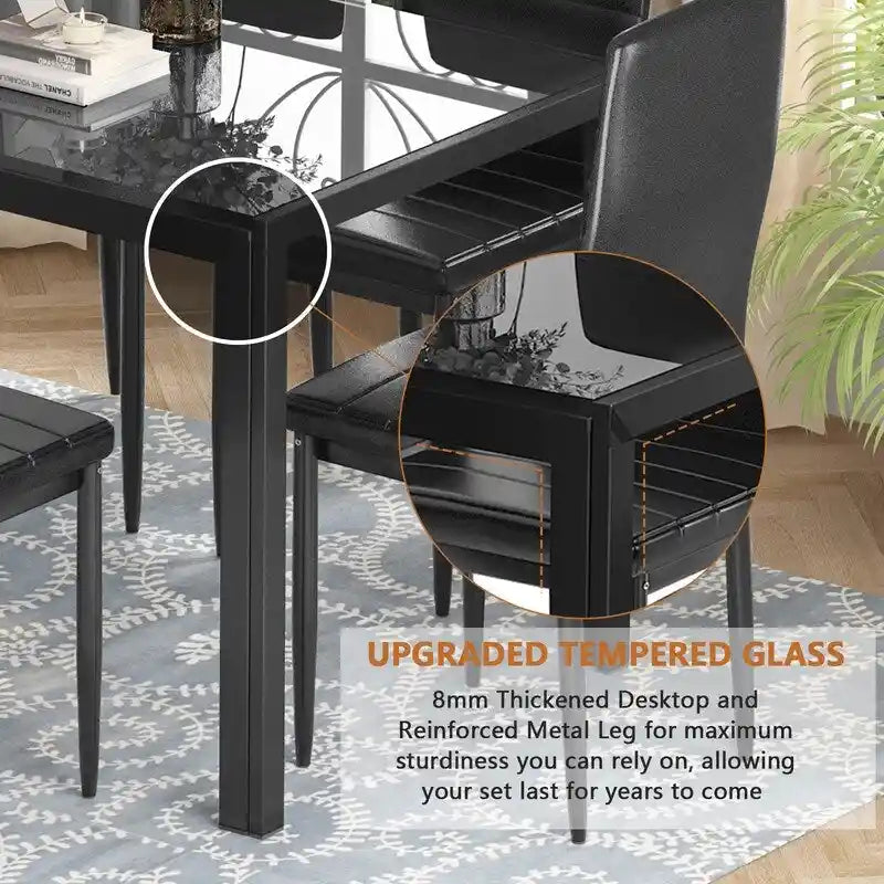 Ensemble de salle à manger 7 pièces de style moderne avec table à plateau en verre trempé et 6 chaises rembourrées en cuir PU