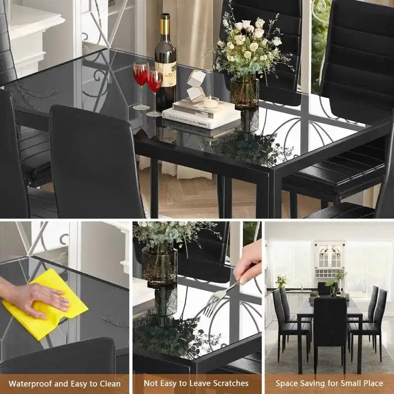 Ensemble de salle à manger 7 pièces de style moderne avec table à plateau en verre trempé et 6 chaises rembourrées en cuir PU