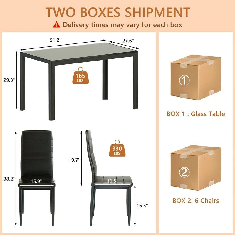 Ensemble de salle à manger 7 pièces de style moderne avec table à plateau en verre trempé et 6 chaises rembourrées en cuir PU