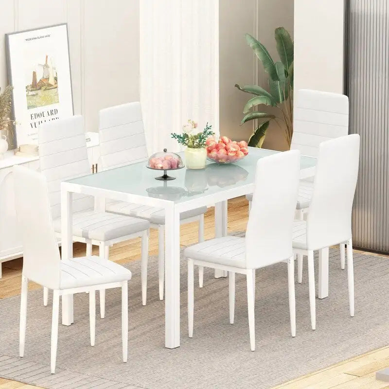 Ensemble de salle à manger 7 pièces de style moderne avec table à plateau en verre trempé et 6 chaises rembourrées en cuir PU