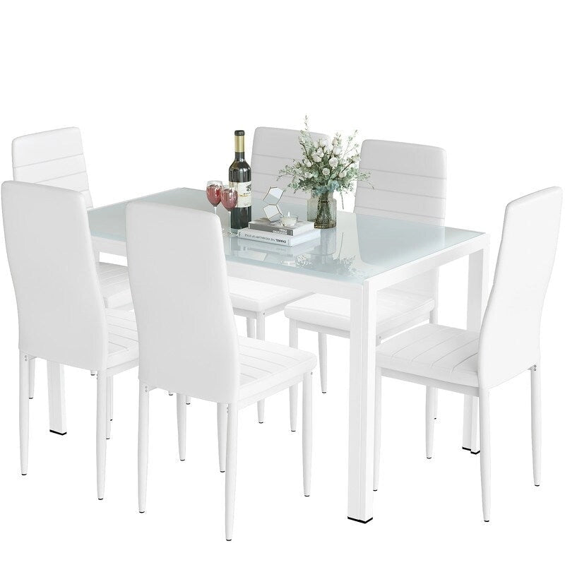 Ensemble de salle à manger 7 pièces de style moderne avec table à plateau en verre trempé et 6 chaises rembourrées en cuir PU