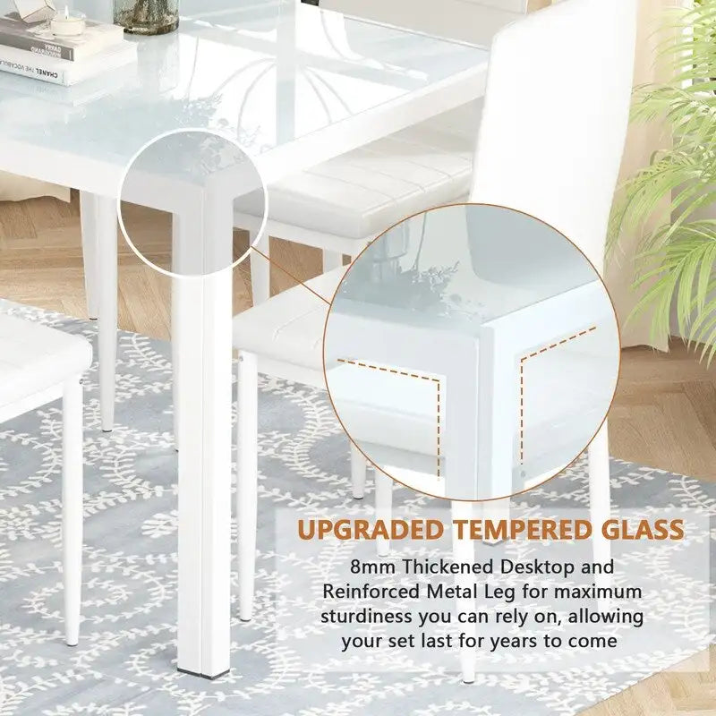 Ensemble de salle à manger 7 pièces de style moderne avec table à plateau en verre trempé et 6 chaises rembourrées en cuir PU