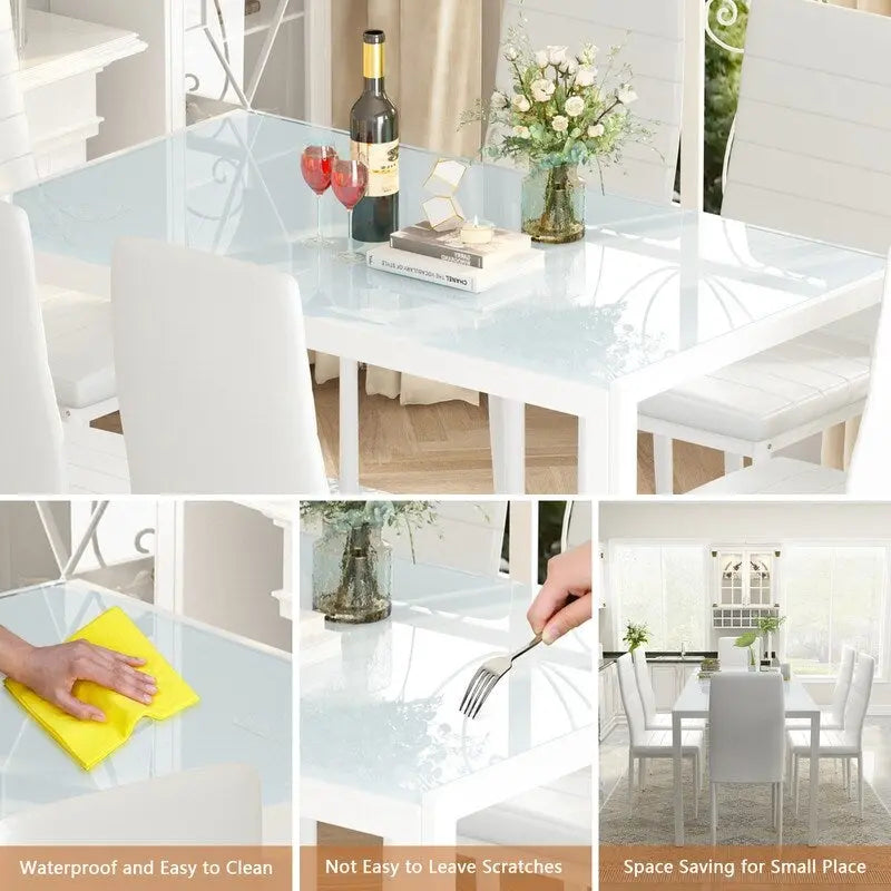 Ensemble de salle à manger 7 pièces de style moderne avec table à plateau en verre trempé et 6 chaises rembourrées en cuir PU