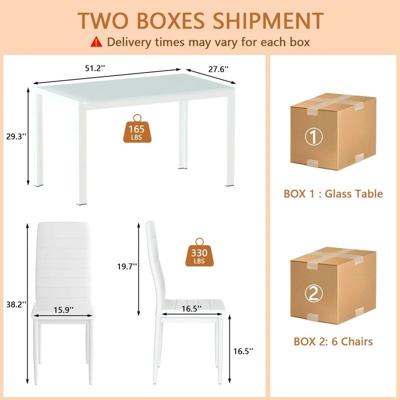 Ensemble de salle à manger 7 pièces de style moderne avec table à plateau en verre trempé et 6 chaises rembourrées en cuir PU