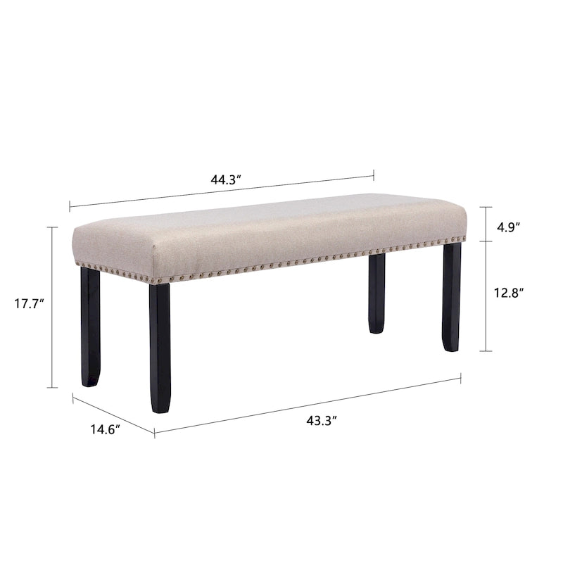 Banc rembourré moderne de 112 cm avec pieds en bois et clous décoratifs