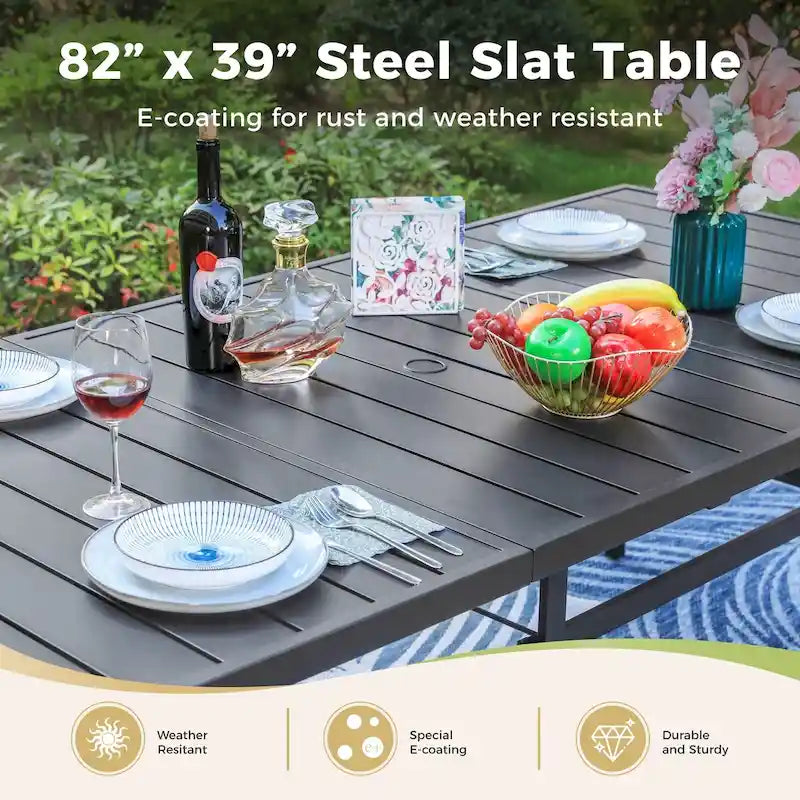 Grande table de salle à manger de patio en métal, table rectangulaire d'extérieur en acier pour 8 personnes