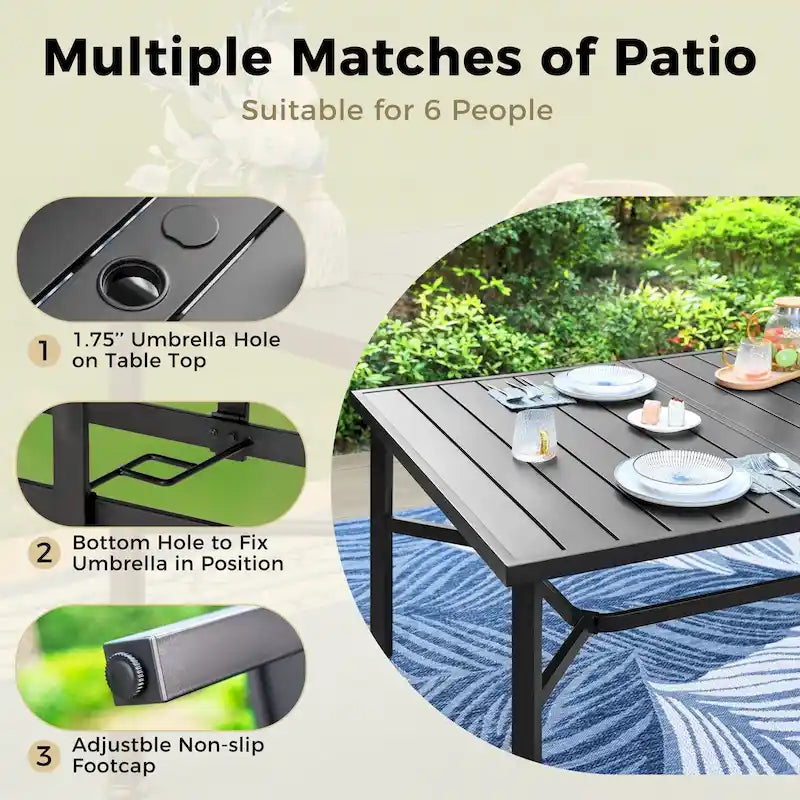 Grande table de salle à manger de patio en métal, table rectangulaire d'extérieur en acier pour 8 personnes