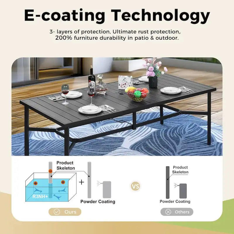 Grande table de salle à manger de patio en métal, table rectangulaire d'extérieur en acier pour 8 personnes