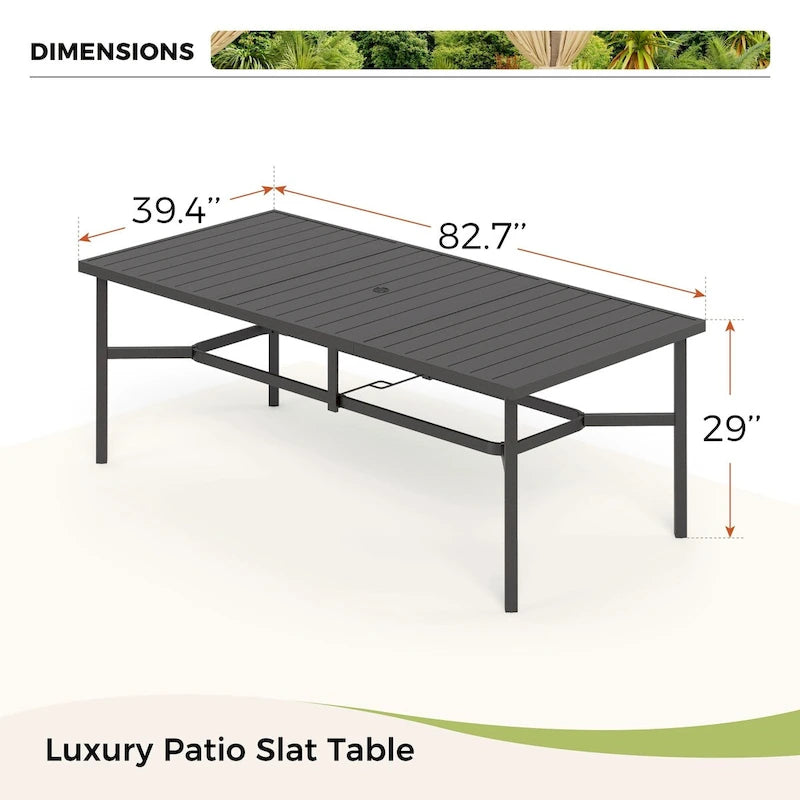 Grande table de salle à manger de patio en métal, table rectangulaire d'extérieur en acier pour 8 personnes