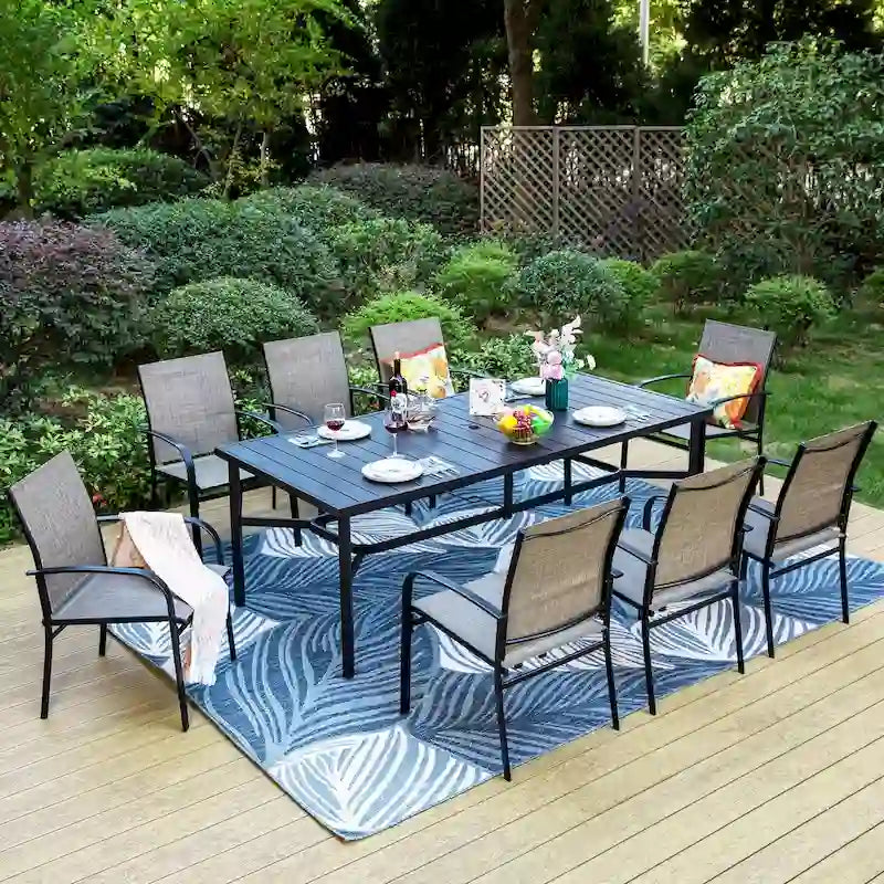 Grande table de salle à manger de patio en métal, table rectangulaire d'extérieur en acier pour 8 personnes