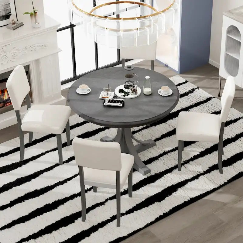 Ensemble de salle à manger 5 pièces avec table ronde, pieds de table incurvés en forme de tréteaux et 4 chaises