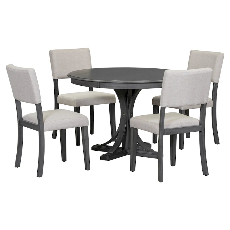 Ensemble de salle à manger 5 pièces avec table ronde, pieds de table incurvés en forme de tréteaux et 4 chaises