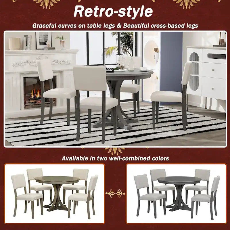 Ensemble de salle à manger 5 pièces avec table ronde, pieds de table incurvés en forme de tréteaux et 4 chaises