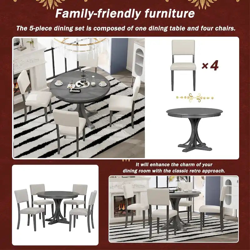 Ensemble de salle à manger 5 pièces avec table ronde, pieds de table incurvés en forme de tréteaux et 4 chaises