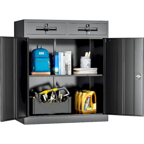 36 H Metal Locking Garage Storage Cabinet with 2 Drawers and Adjustable Shelves