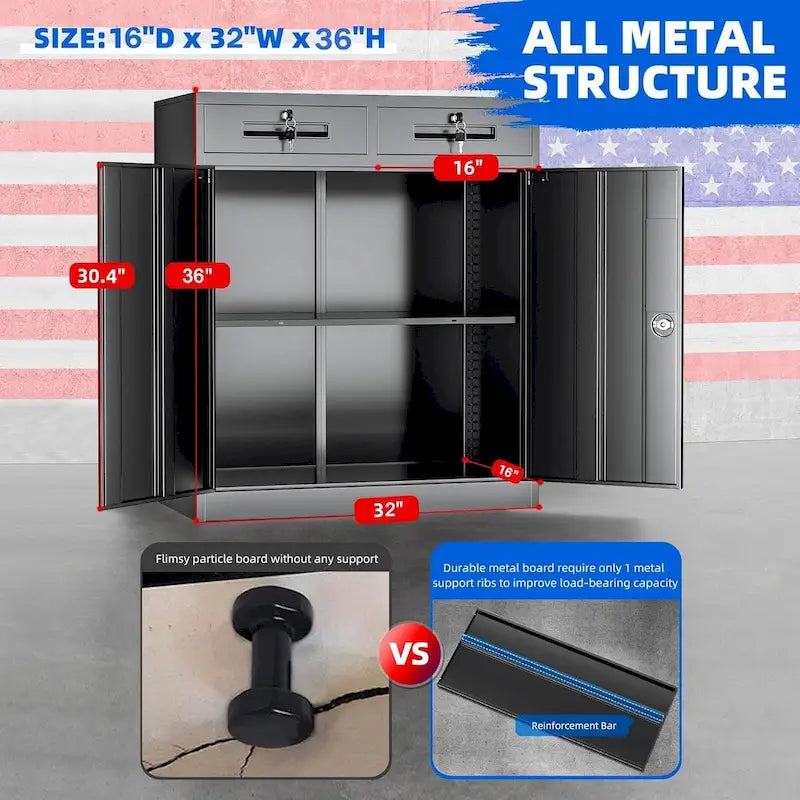 Armoire de rangement de garage métallique verrouillable de 91 cm de hauteur avec 2 tiroirs et étagères réglables