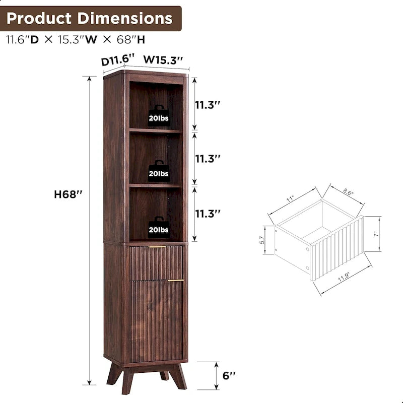 Armoire de rangement étroite de salle de bain de 68 po avec dessus en faux marbre