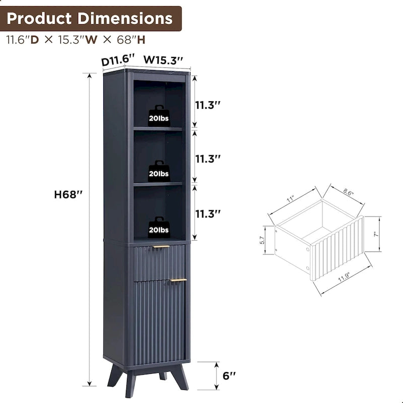 Armoire de rangement étroite de salle de bain de 68 po avec dessus en faux marbre