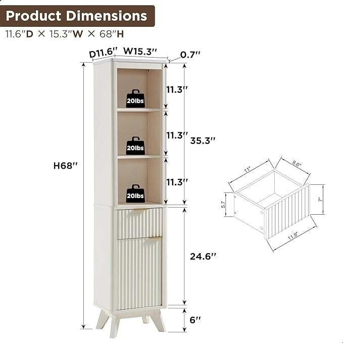 Armoire de rangement étroite de salle de bain de 68 po avec dessus en faux marbre