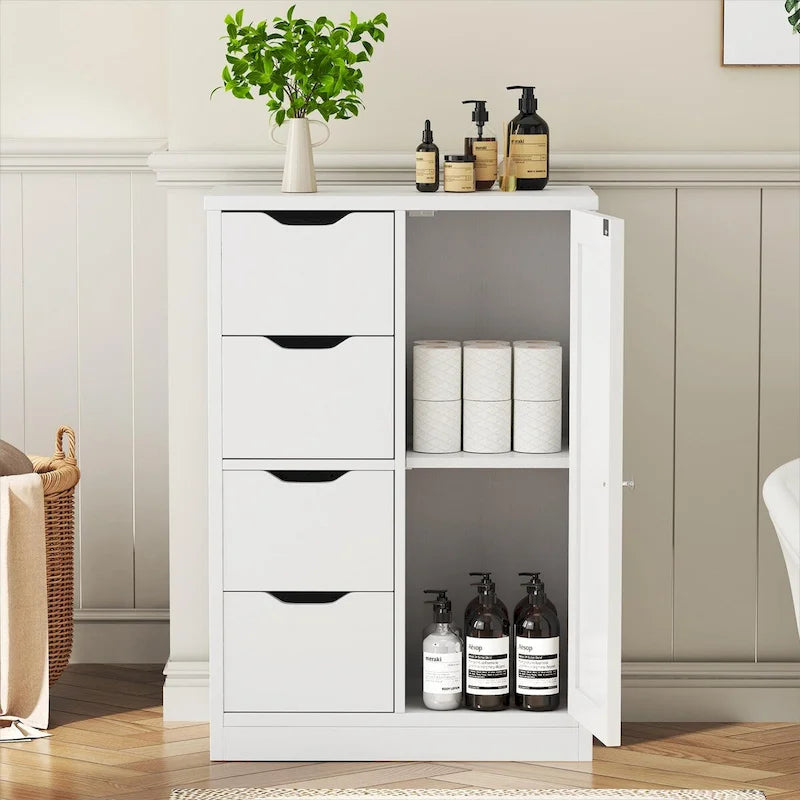 Meuble de rangement de salle de bain sur pied, Meuble de rangement de cuisine avec 4 tiroirs et 1 porte