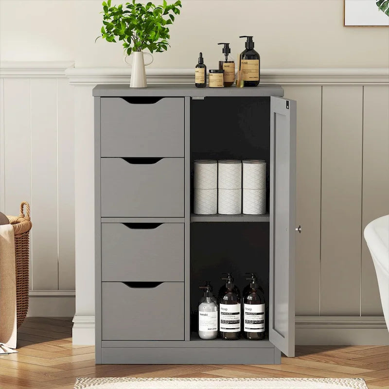 Meuble de rangement de salle de bain sur pied, Meuble de rangement de cuisine avec 4 tiroirs et 1 porte