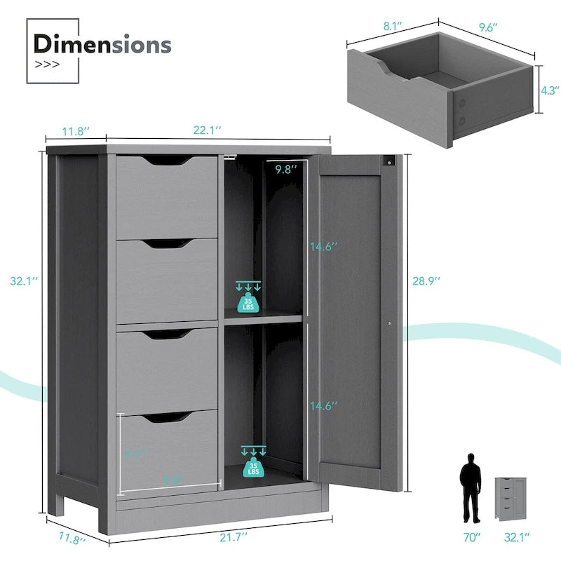 Meuble de rangement de salle de bain sur pied, Meuble de rangement de cuisine avec 4 tiroirs et 1 porte