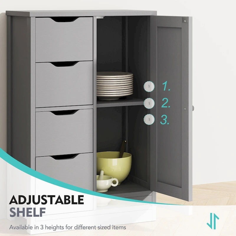 Meuble de rangement de salle de bain sur pied, Meuble de rangement de cuisine avec 4 tiroirs et 1 porte