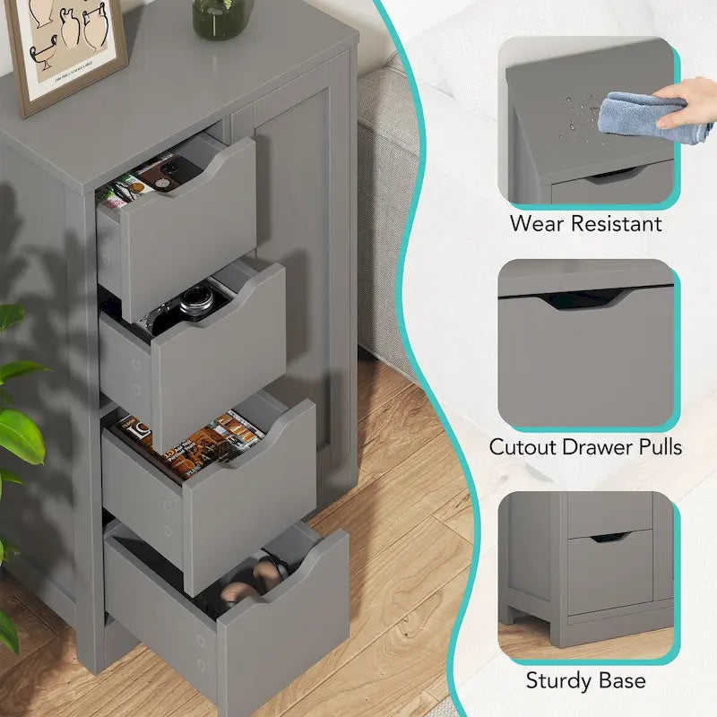 Meuble de rangement de salle de bain sur pied, Meuble de rangement de cuisine avec 4 tiroirs et 1 porte