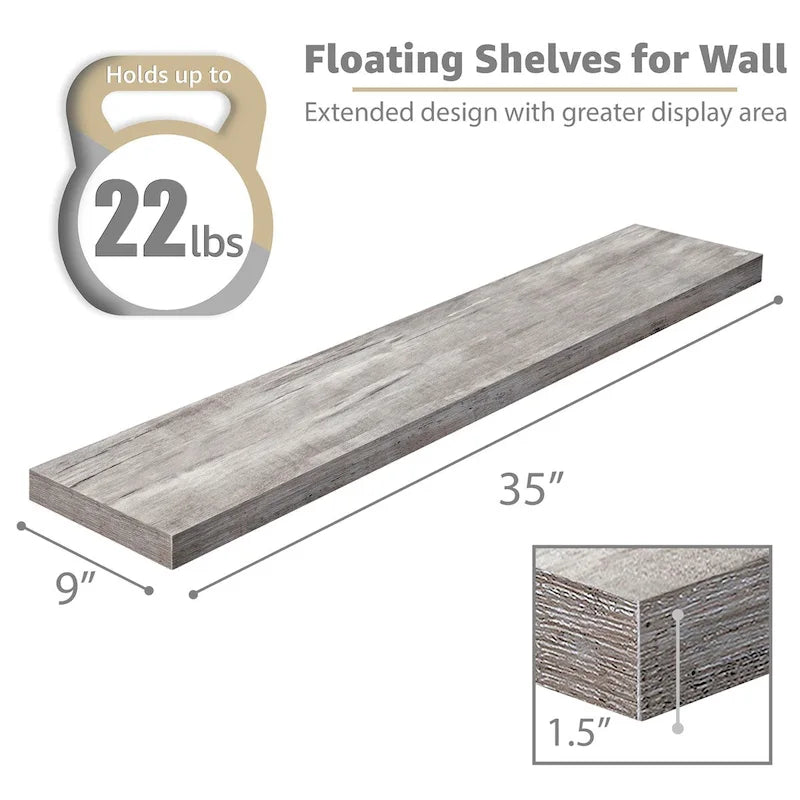 Longues étagères flottantes murales lot de 2 - 89 cm (L) x 23 cm (l) x 3,8 cm (H)