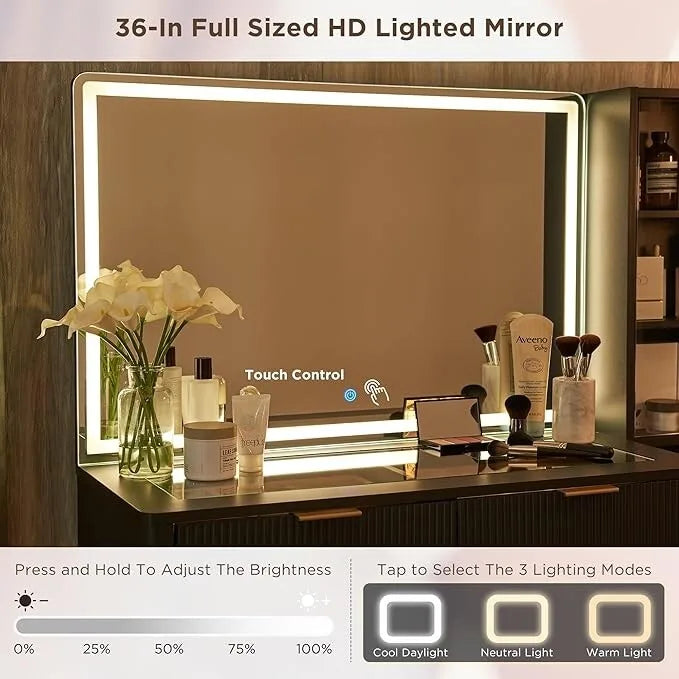 Coiffeuse moderne avec miroir lumineux HD, table de maquillage