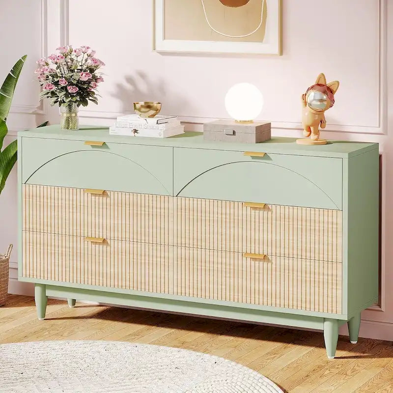 Commode de 55 pouces pour chambre à coucher, longue commode double organisatrice en bois verte