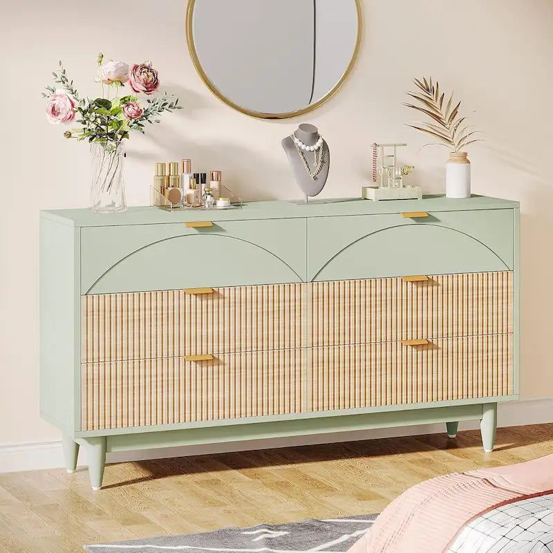 Commode de 55 pouces pour chambre à coucher, longue commode double organisatrice en bois verte