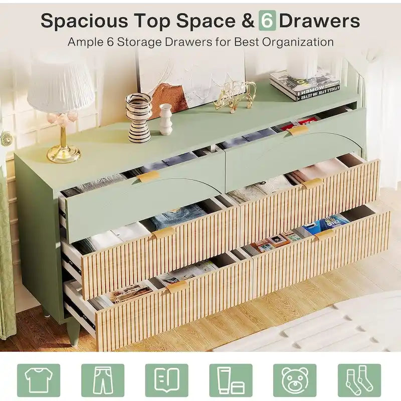 Commode de 55 pouces pour chambre à coucher, longue commode double organisatrice en bois verte